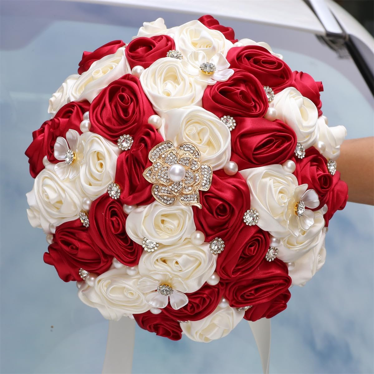 7.5" Ruby Red & Ivory Bridal Wedding Bouquet Round Bling Brooch Bouquet Throw Toss Artificial Rose Flower Bunch for Bride Bridesmaid Wedding Quinceanera