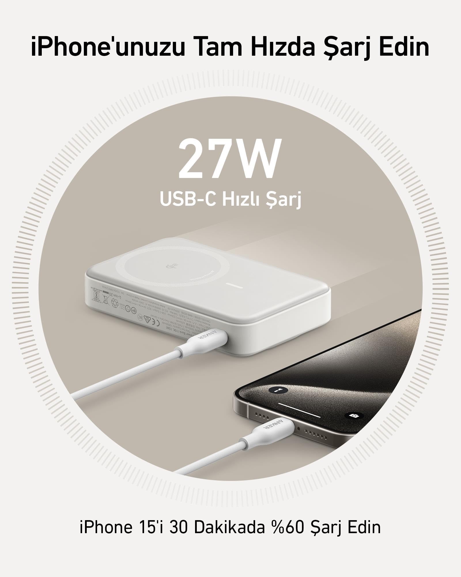 Powerbank Anker MagGo 10000mAh 15W MagSafe USB-C LCD Qi2 PowerIQ Biały