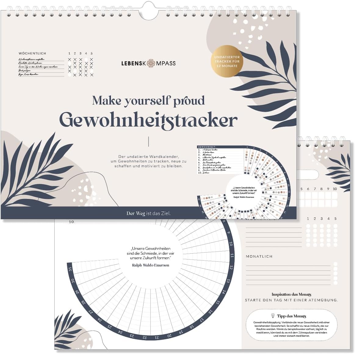 Lebenskompass Habit Tracker + Vision Board Set - 12 Monate Gewohnheitstracker - visualisiere das Leben Deiner Träume mit dem Visionboard "Liebes Zukunfts-Ich" - Geschenke für Frauen & Männer, FreundIn