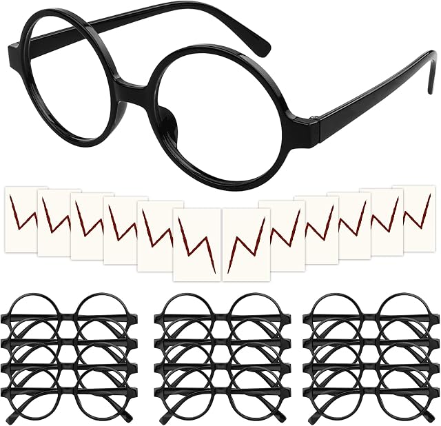 12Pack Wizard Glasses with Round Frame No Lenses Lightning Bolt Tattoos for Kids Adults Halloween Party