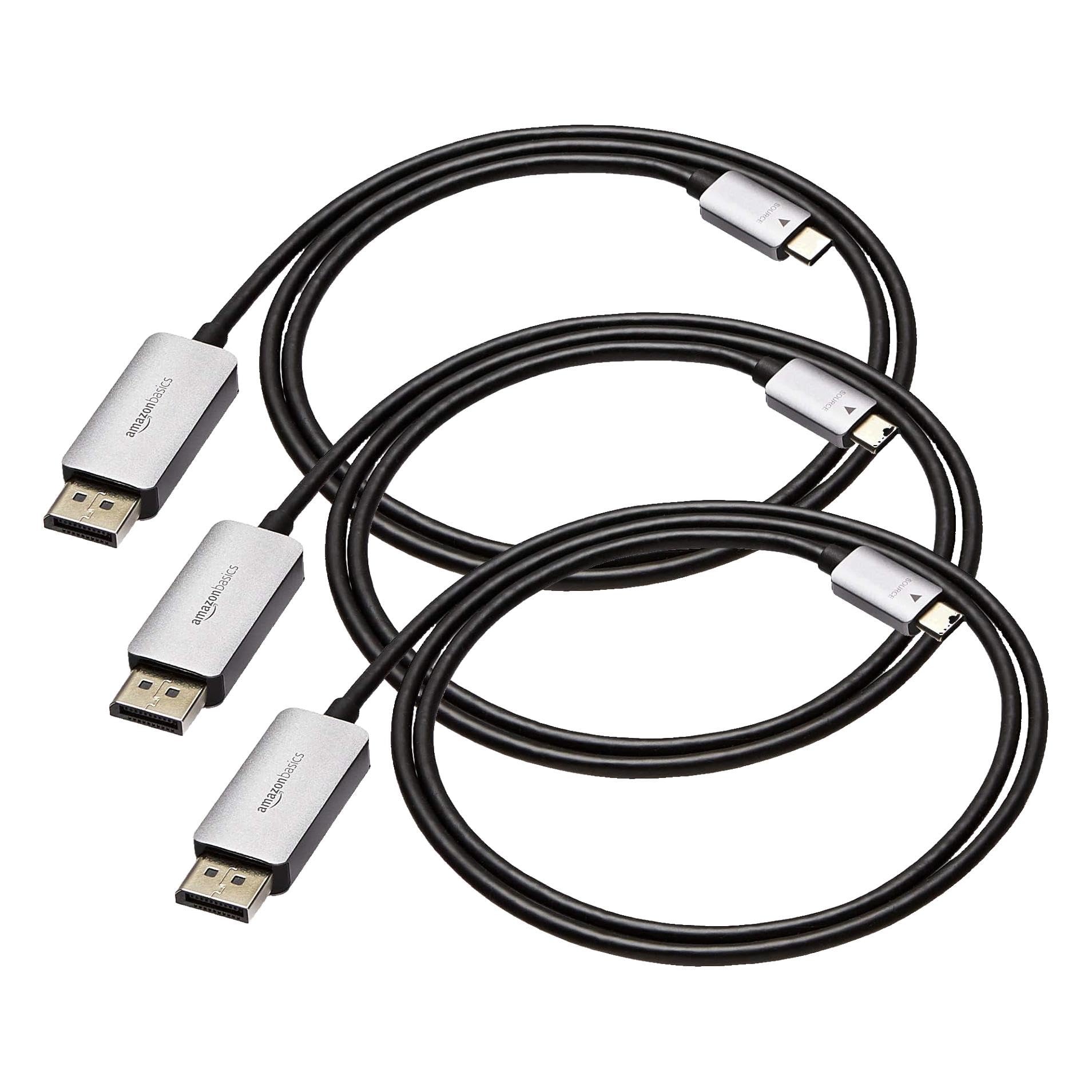 Amazon Basics Aluminum Uni-Directional USB-C (Source) to DisplayPort (Display) Cable - 3-Foot (Pack of 3)