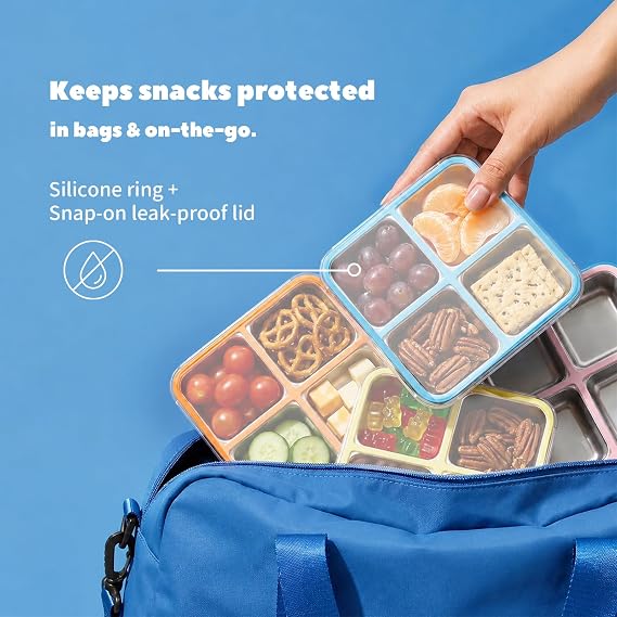 Bakpoco 4 Pack Stainless Steel Snack Containers, 4 Compartment Metal Snack Containers with Lid, Compact Food Storage Box Containers For Lunch & Snacks