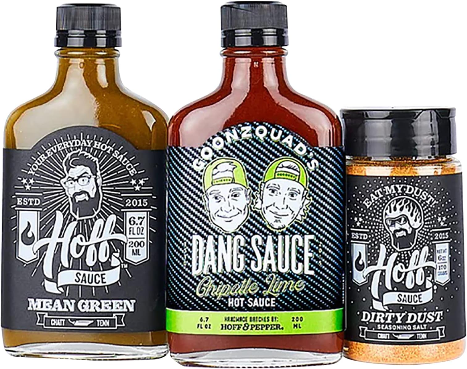 Hoff and Pepper Dangy Tangy Trio Goonzquad Dang Sauce Handmade Chipotle Lime Hot Sauce, Mean Green Jalapeno Habenero Hot Sauce and Dirty Dust Light Smokey Kick Perfect Grill Seasoning