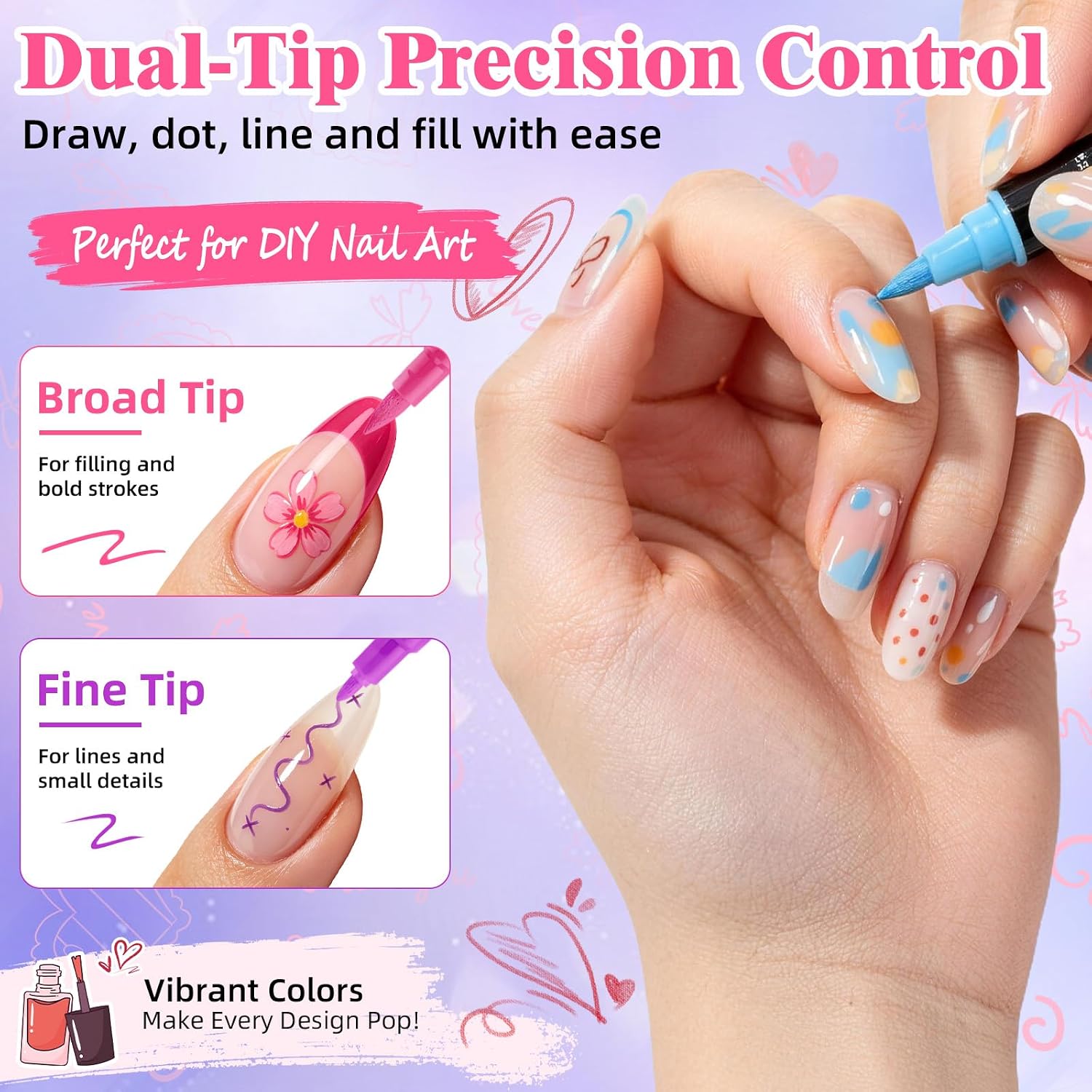 12-Color Dual-Tip Nail Art Pens Set, 1mm Fine Tip & 4mm Broad Tip Nail Art Markers for Drawing, Dotting, Painting, DIY Manicure Nail Design Kit for Home & Salon