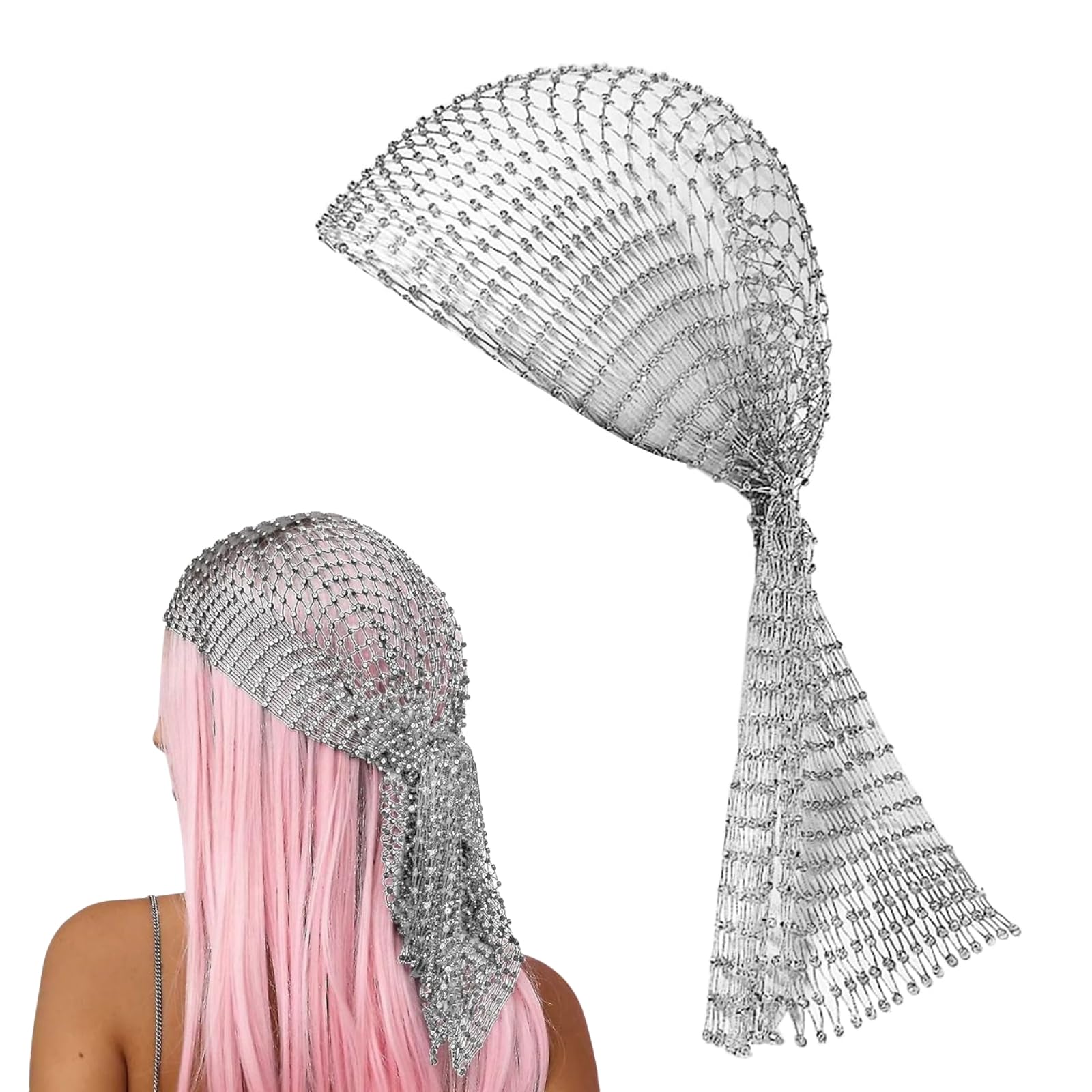 Hybursky Women's Silver Fishnet Headband With Rhinestone Hollow Out Glitter Sequins Head Scarf Veil Cap Elastic Nightclub Headwrap Headpiece Turban Caps Hair Accessories For Girls(Silver)