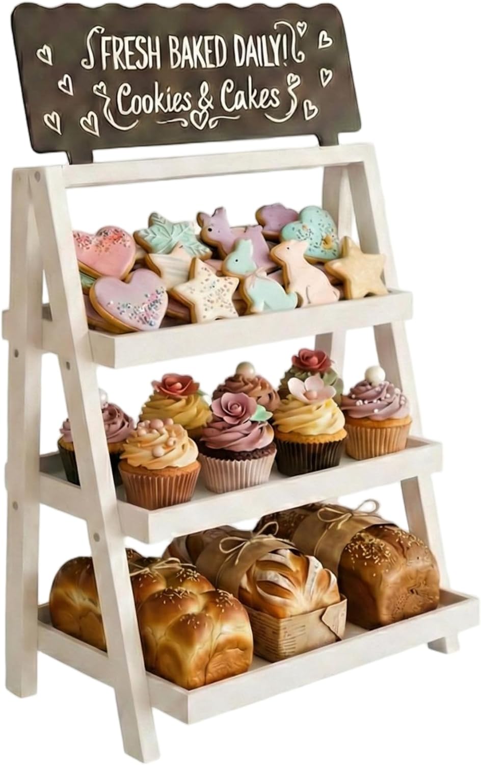 Cookie Display Stand for Bakers & Vendors - Foldable Wooden Cookie Stand with Chalkboard Sign for Market Booths, Craft Fairs & Events - Tiered Cookie Display for Cupcakes, Muffins & Pastries (Natural)
