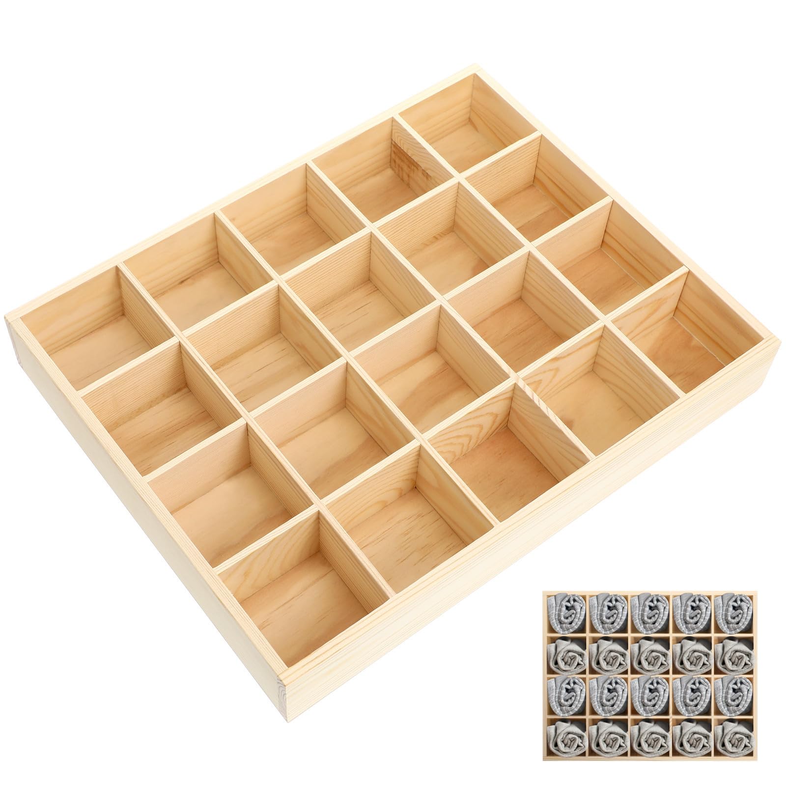 NUOBESTY Organizer multi-griglia per cassetto per biancheria intima e calzini, 20 scomparti, scatola in pino beige, per armadio e cassettiera, salvaspazio, 13.39x10.63x1.97 in