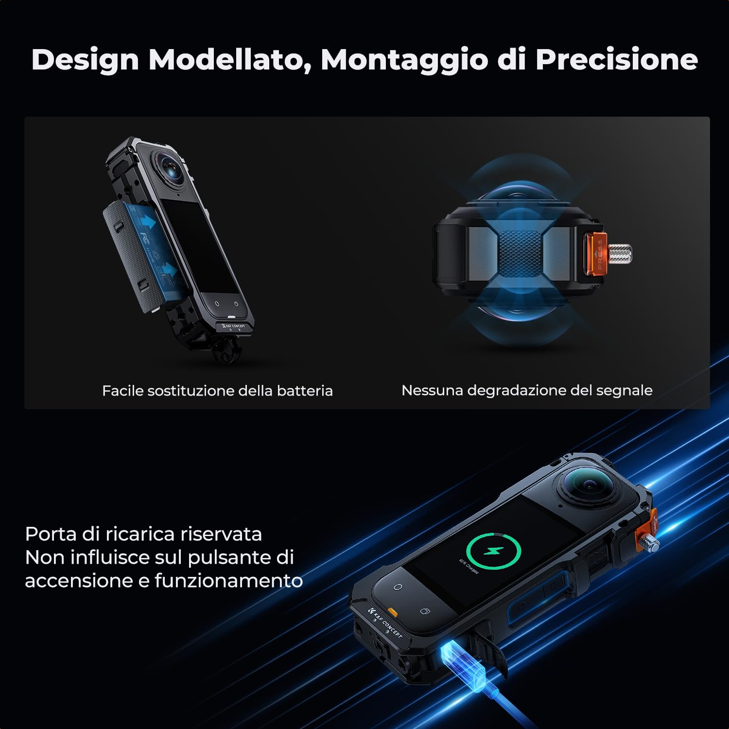 K&F CONCEPT Gabbia Standard per Fotocamera per Insta360 X5, Custodia in Alluminio con Copriobiettivo in Silicone, Foro per Vite 1/4", Telaio Protettivo con 2 Attacchi a Scarpa Fredda