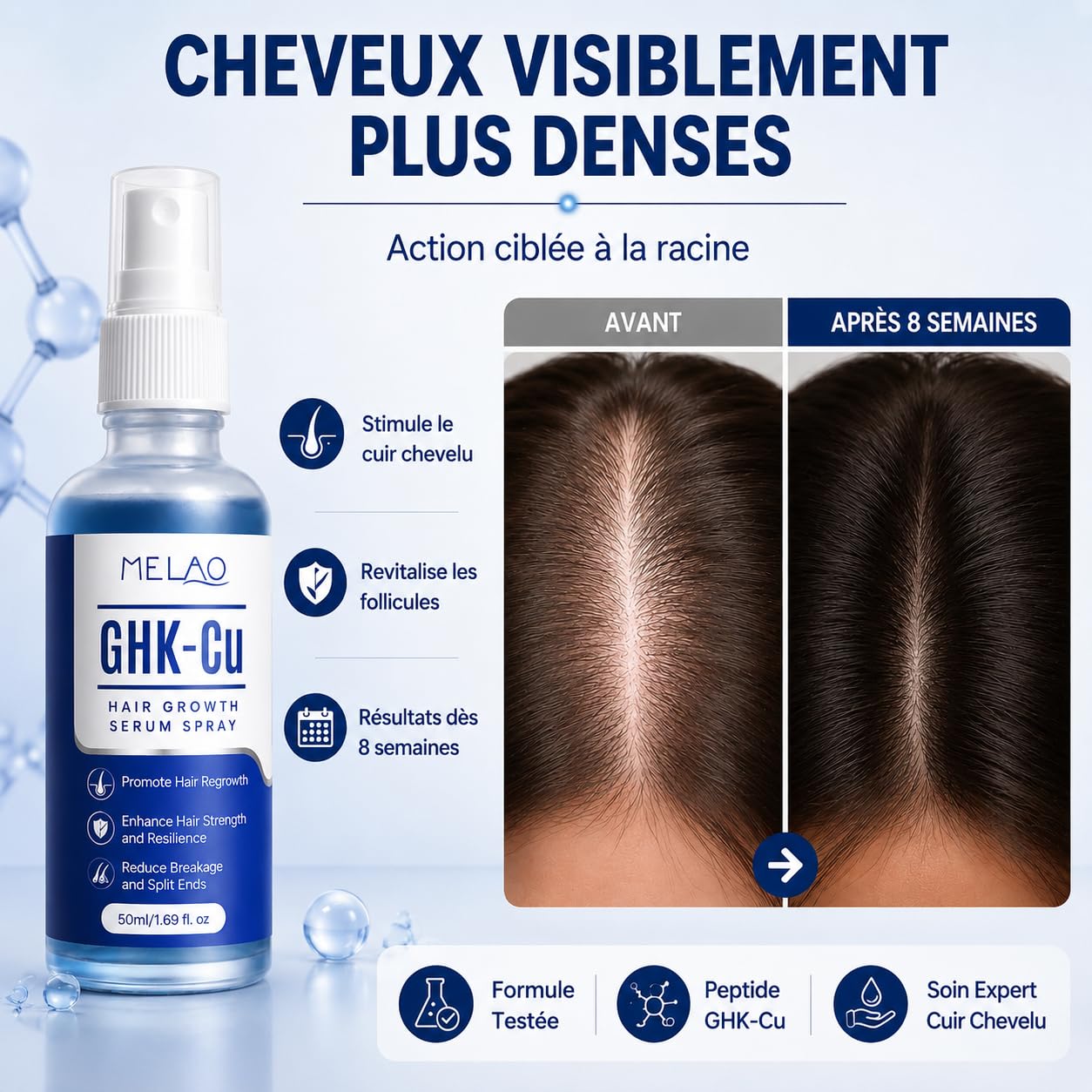 Sérum Capillaire GHK-Cu au Peptide de Cuivre, Spray Cuir Chevelu 50 ml, Soin Fortifiant et Hydratant pour Cheveux Fins, Secs ou Clairsemés