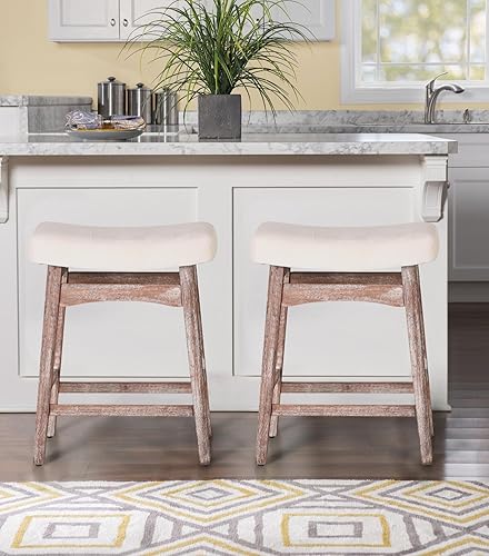 Sophia & William Juego de 2 taburetes de mostrador, taburetes para mostrador de 36 pulgadas, taburetes de tela de lino vintage, blanco cremoso, 24