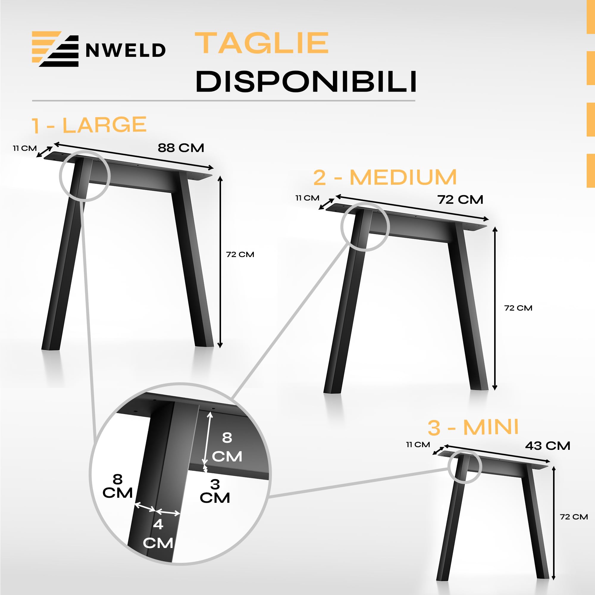 Gambe da Tavolo - Set da 2 Pezzi - Struttura in Metallo Nero 11x72 cm DIY - Gambe Loft Industriali per Tavolino, Tavolo da Pranzo, Scrivania, Tavolini da Caffè