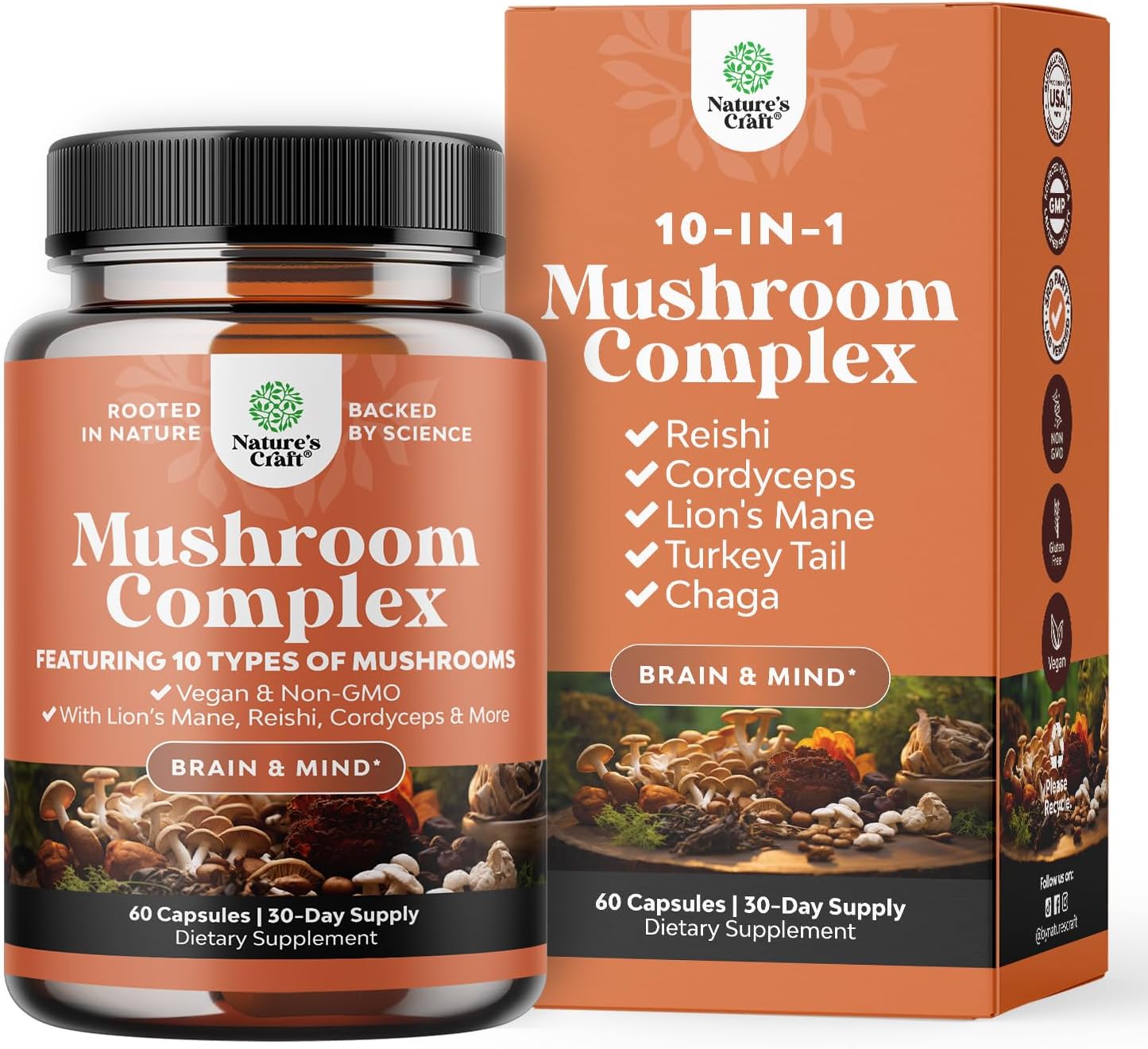 Advanced Mushroom Complex Capsules – 10X Lions Mane Supplement Capsules with Reishi, Chaga, Maitake & Shiitake for Brain Health, Memory Support & Focus – Nootropic for Mental Clarity – 60 Caps