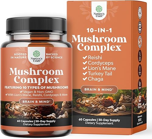 Miniatura 9 de Advanced Mushroom Complex Cápsulas – 10 cápsulas de suplemento de melena de león con Reishi, Chaga, Maitake y Shiitake para la salud cerebral apoyo
