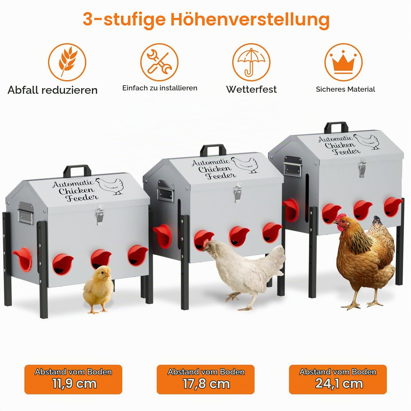 50LB Automatischer Hühnerfutterspender, Metall-Hühnerfutterspender, Geflügelfutterspender mit 8 Fütterungsöffnungen, Höhenverstellbar, Mit Verschließbarem Deckel,Design für den Außenstall