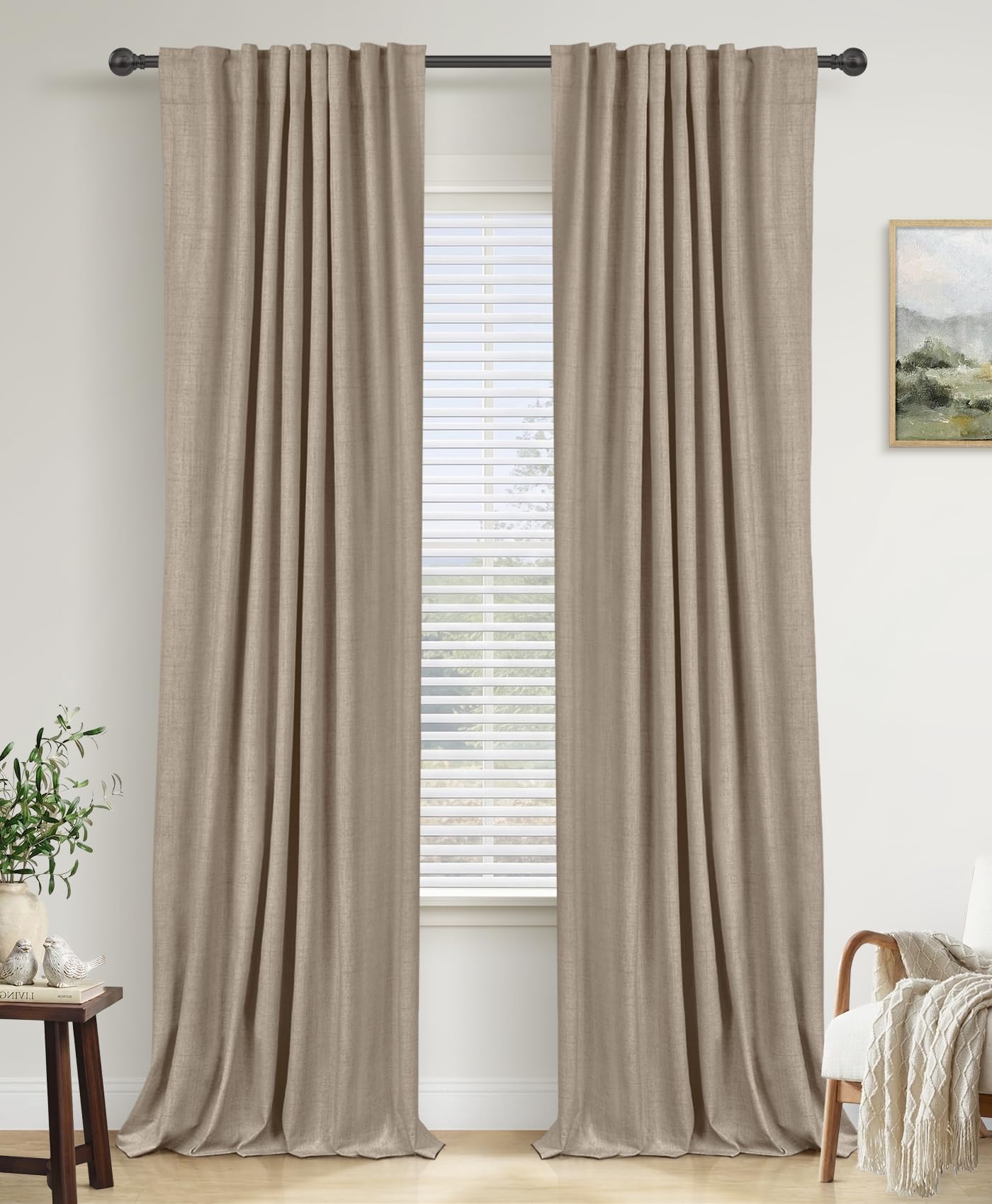 Photo 1 of 100% Blackout Shield Linen Blackout Curtains, Back Tab/Rod Pocket Living Room Drapes, Thermal Insulated Blackout Curtains 2 Panels
