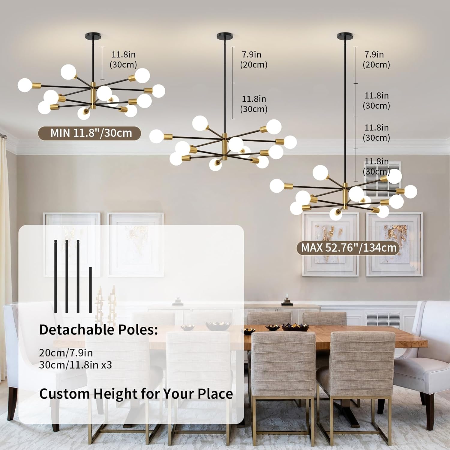 Sputnik Chandeliers Moderna Light Fixture, 12 Lights Black and Gold Mid Century Ceiling Chandelier, Height Adjustable for Living Room, Kitchen, Dining Room, Bedroom,Foyer