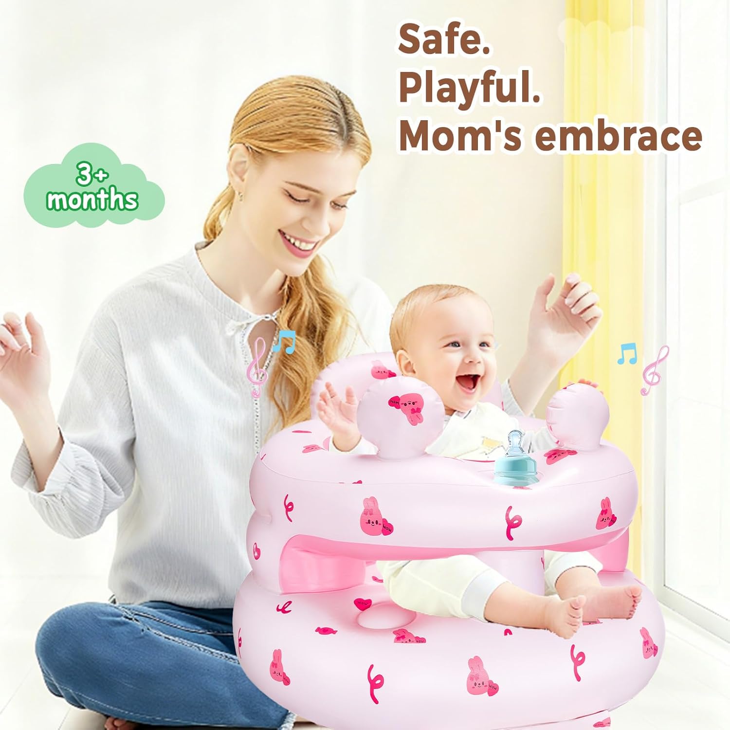 Inflatable Baby Seat for Babies 3-36 Months，[Squeaky Sound & Anti-Fall Design] Inflatable Chair with Sound-Making Ears, Baby Seat for Sitting-Up Practice, Built-in Air Pump (Pink Bunny)
