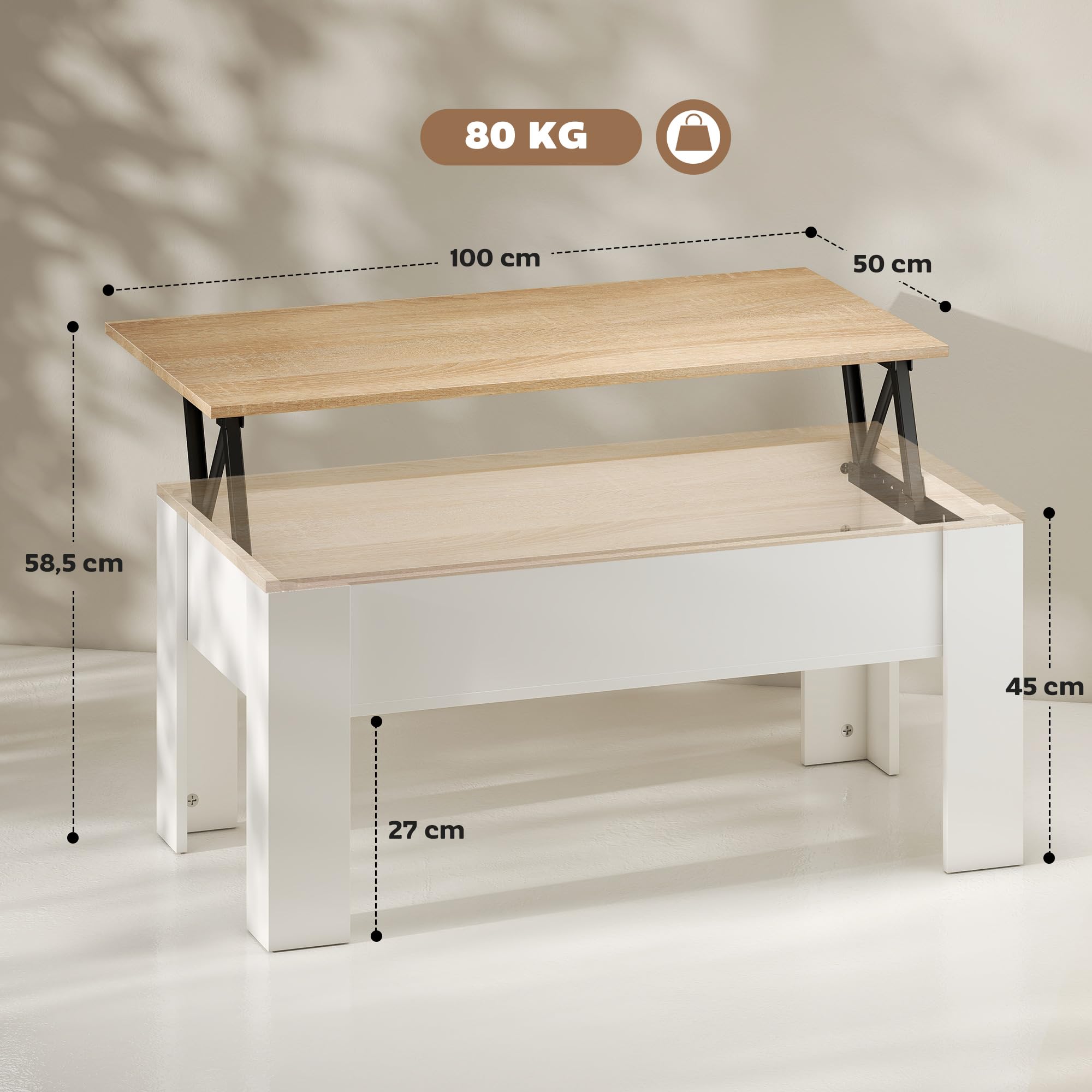 HOMCOM Mesa de Centro Elevable Mesa de Café con Encimera Elevable Espacio Oculto de Almacenaje 100x50x45-58,5 cm Blanco y Natural