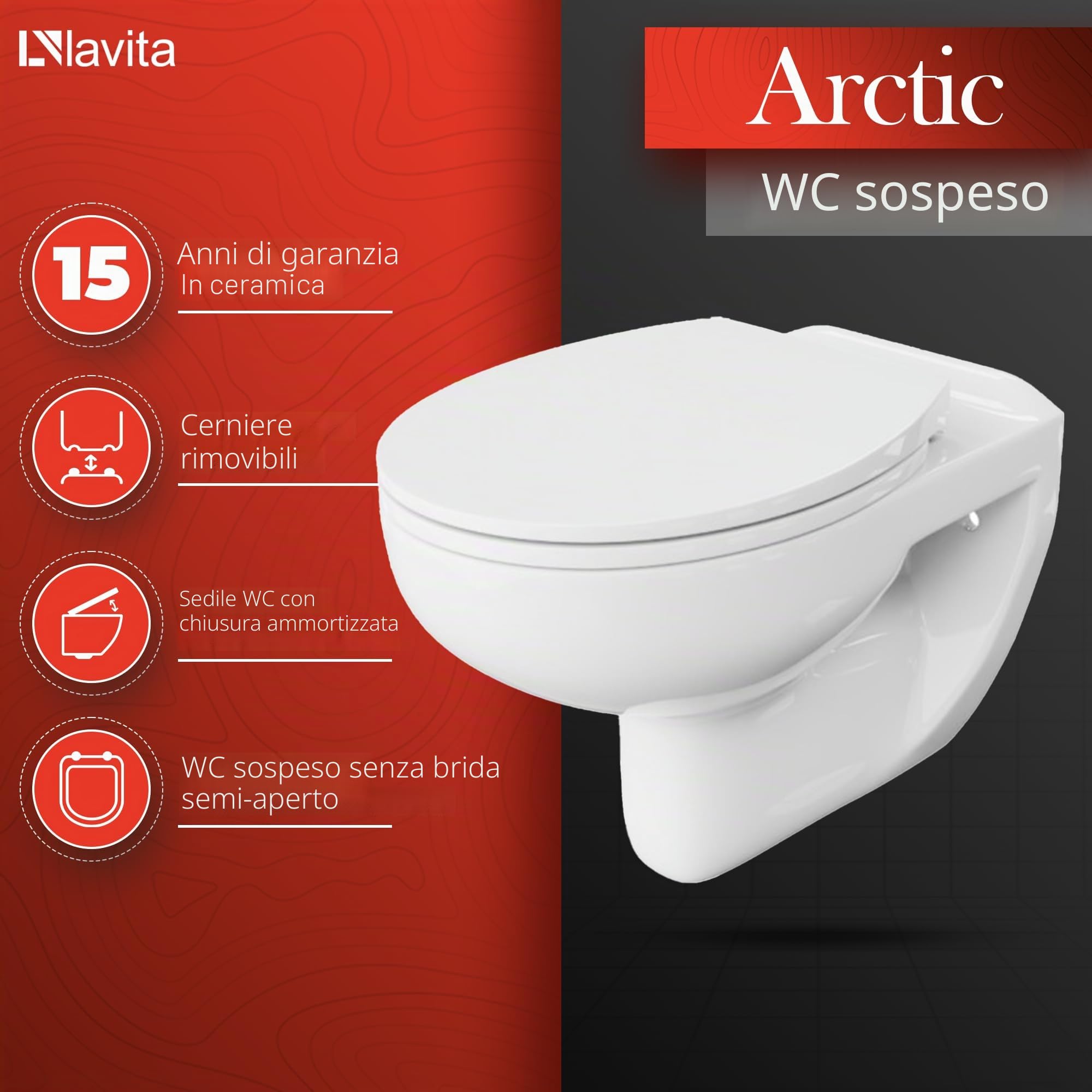 LAVITA WC da parete Arctic con abbassamento automatico e cerniere in metallo, senza bordi per WC, da appendere, 350 x 535 x 535 x 535 mm, bianco lucido