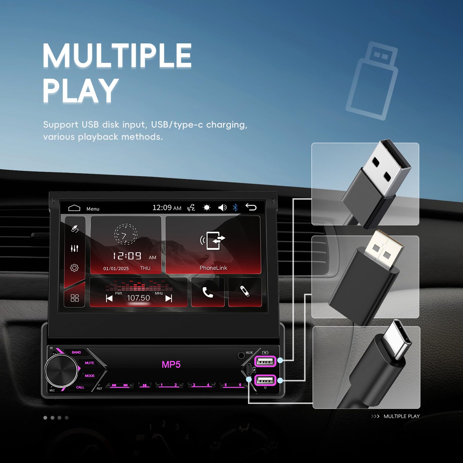 Autoradio 1 DIN Bluetooth, Schermo Retrattile da 7 Pollici Touchscreen Auto Stereo Mirror Link FM RDS USB Type-C AUX Microfono Telecamera di Backup