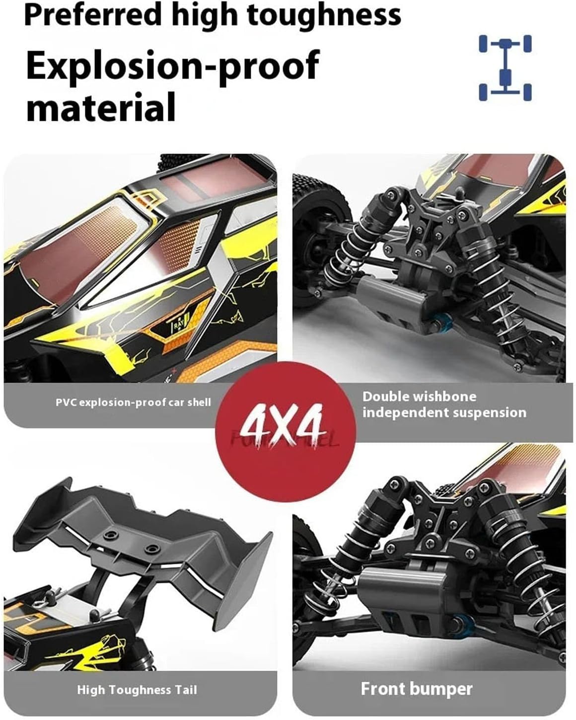 38Km/H Scy 16201 1/16 Remote Control Electric Off Road Vehicle Four Wheel Drive Racing Version Ball Bearings Spring Damping RTR Hobby Grade Model for Adult Hobby(Yellow)