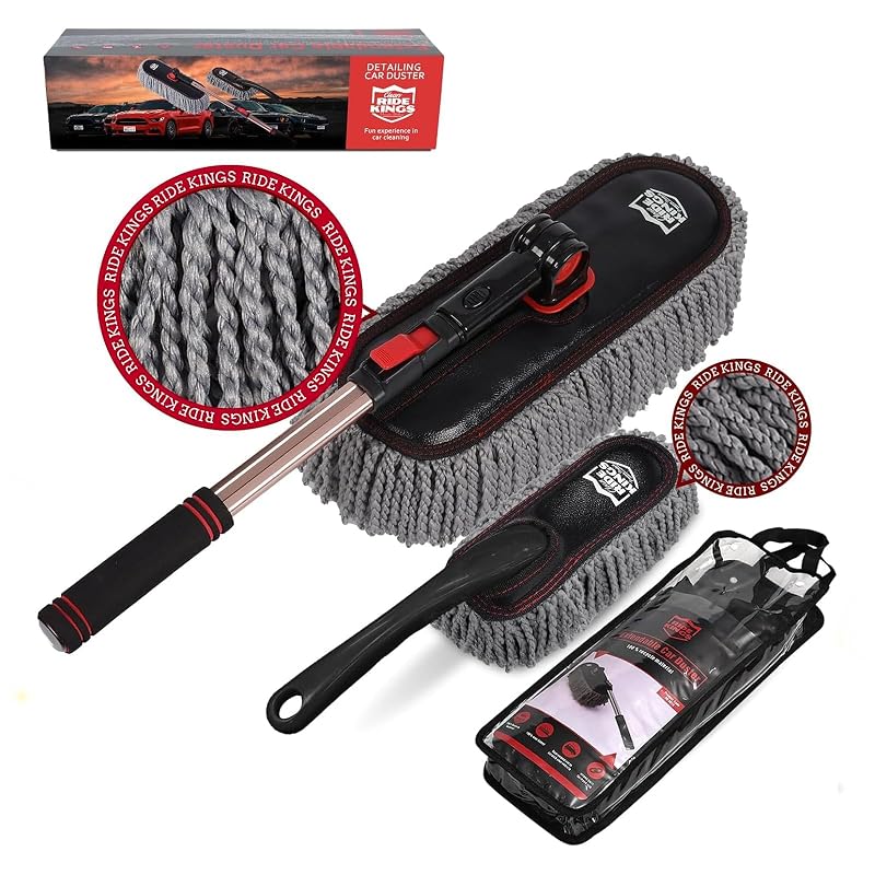 Kit de Escovas Espanadoras Automotivas RIDE KINGS em Microfibra com Haste Retrátil Cinza, 3 peças
