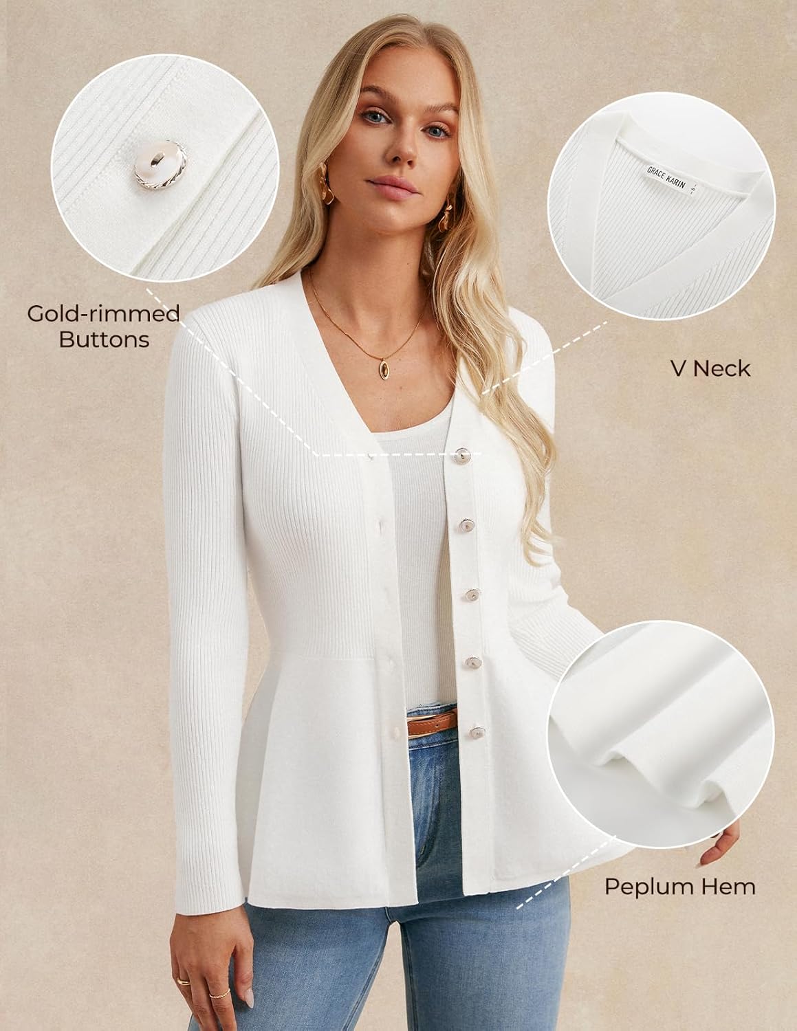 GRACE KARIN Long Sleeve Cardigan Sweaters for Women, Button Up Knit Blazer, Lightweight Business Casual Peplum Tops - Image 4