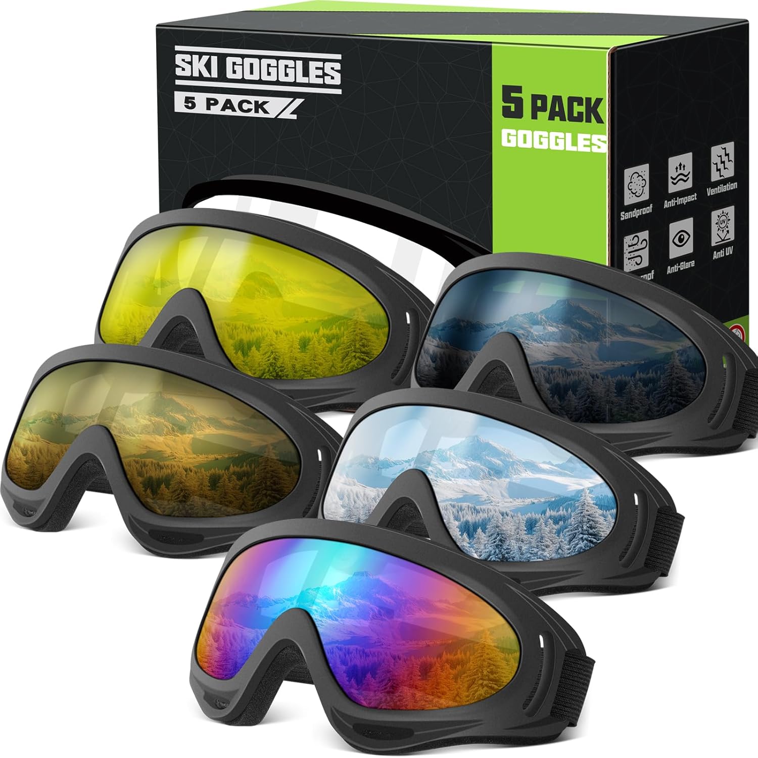 OXG Ski Snowboard Goggles 5-Pack - UV Protection Shatterproof Lenses for Men Women Kids Youth Adults