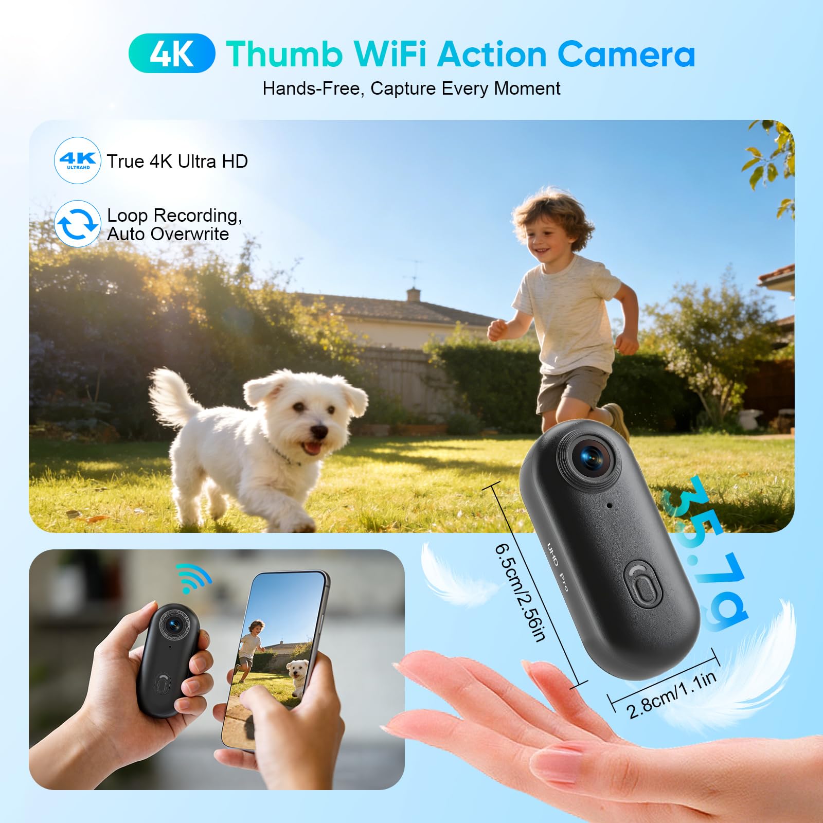 Minicámara de acción multifunción WiFi, cámara corporal 4K, cámara de acción con tarjeta de memoria de 64 GB, gran angular de 120°, cámara submarina portátil, se puede conectar en cualquier