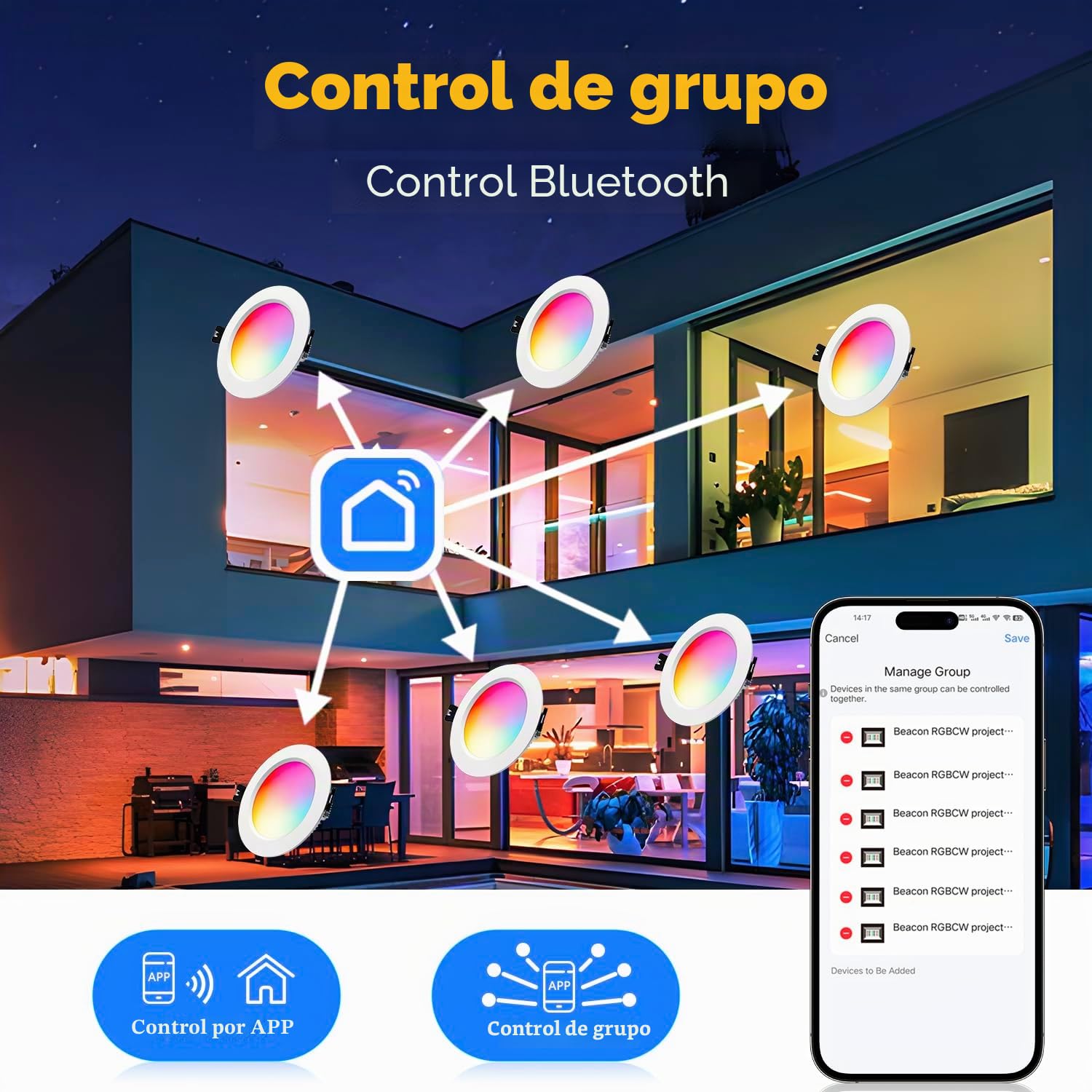 6 x Foco empotrable LED Bluetooth, regulable 10W RGBW Blanco cálido Blanco frío APP con mando a distancia downlight LED empotrable redondo 230V para salón, dormitorio
