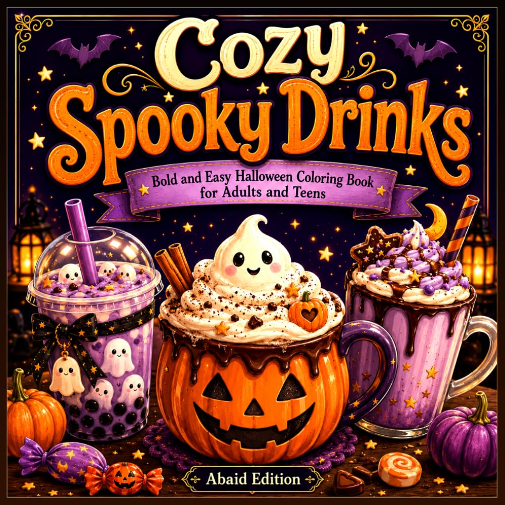 Cozy Spooky Drinks: Bold and Easy Halloween Coloring Book for Adults and Teens