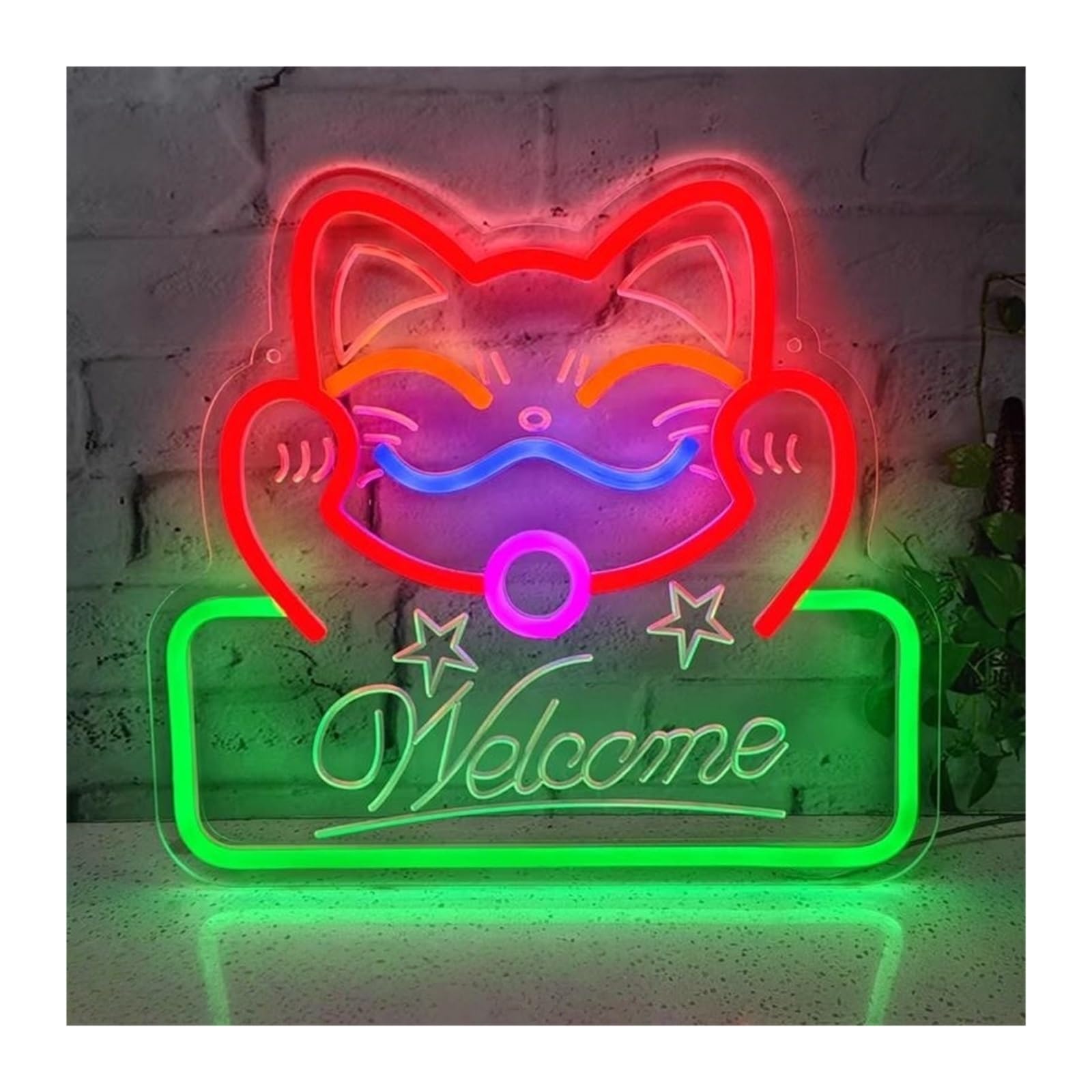 RONGCH Hanging Art Signs Fortune Cat Welcome Neon Sign Personalized Design Store Salon Restaurant Business Lucky Wall Decor 38x35cm(A)