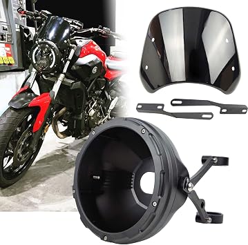 Motorcycle Black Windshield with 7inch Aluminum Alloey Headlight Housing Bucket 51-54mm Fork Tube Clamps