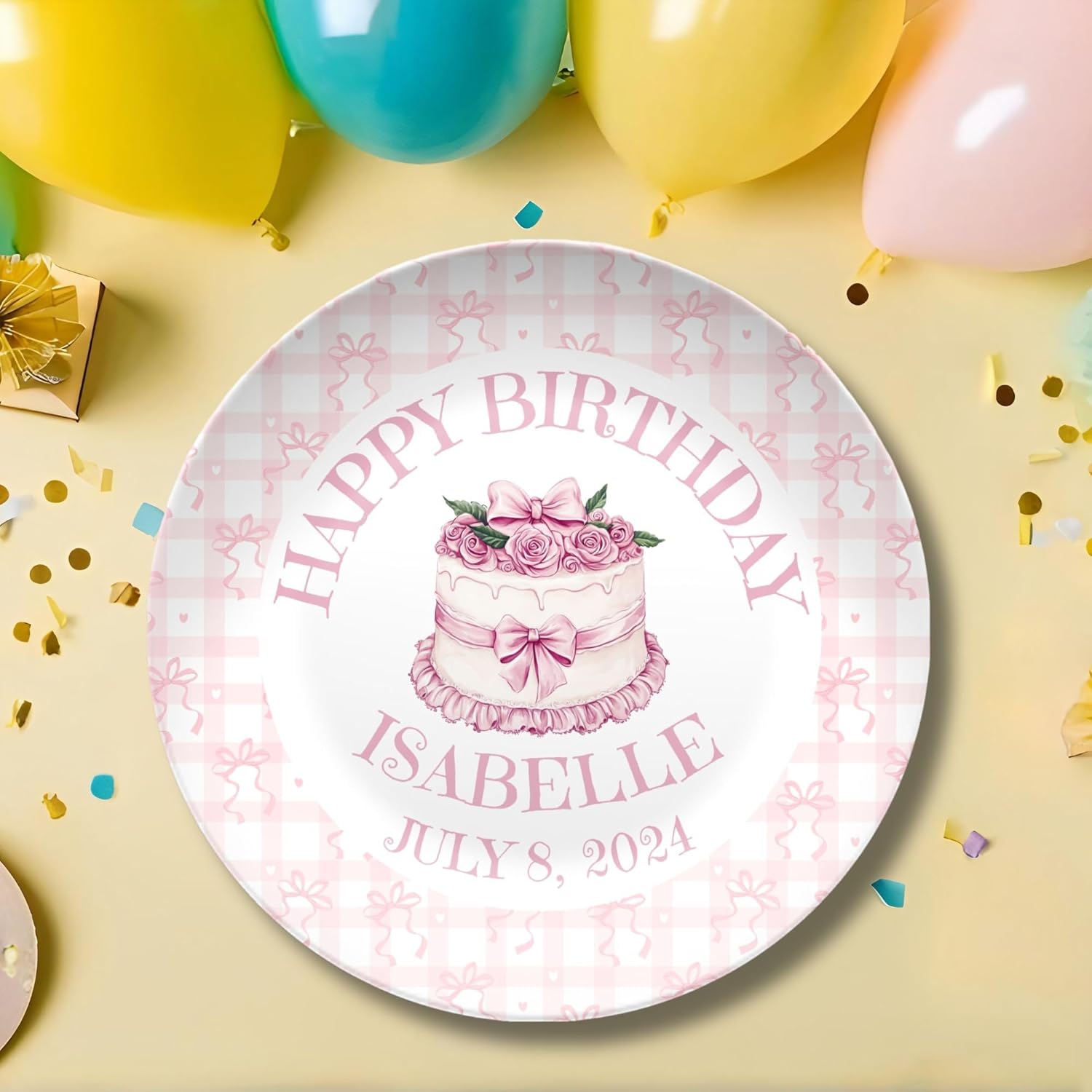 Preppy Pink Coquette Birthday Plate – Bow Frame Cake Plate for Girls – Reusable Smash Cake Keepsake – 1st Birthday Party Decor – Coquette Style Gift