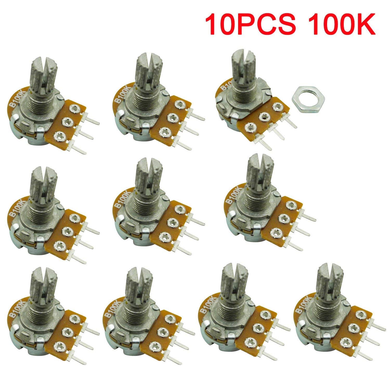 10x B100K Potentiometer 100K Ohm – Single Linear Rotation, 15 Mm Welle, 6 Mm Schaft