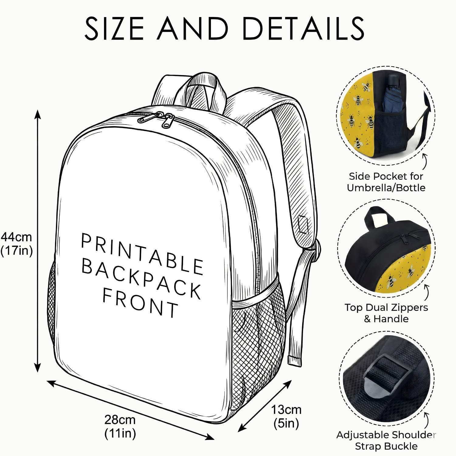 Whimsical Cartoon Bee 17 Inch Backpack 3 Piece Set Yellow Abstract Garden Print Laptop Daypack Travel Bag Accessory (02)