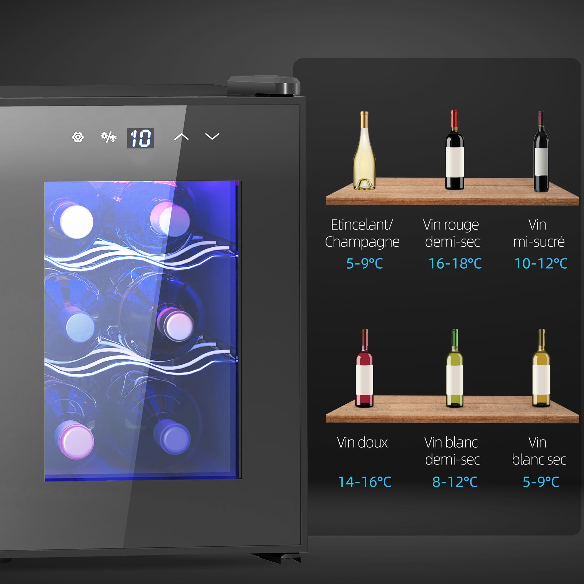 HOMCOM Cave à Vin 6 Bouteilles 17L, Réfrigérateur à Vin Silencieux, Porte en Verre, Éclairage LED, Écran Tactile, Contrôle Température 8-18°C, Protection UV, Noir