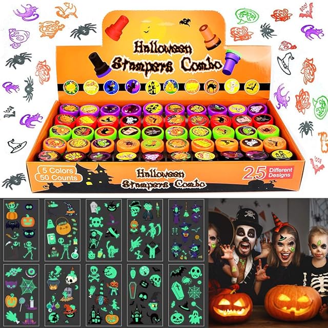 Viccess 50pcs Halloween Stamp Set Assorted Stamp Set For Kids Self-Ink Stamps With 10pcs Halloween Temporary Tattoos For Halloween Party Bag Fillers,Party Favor,Halloween Goodies Bags