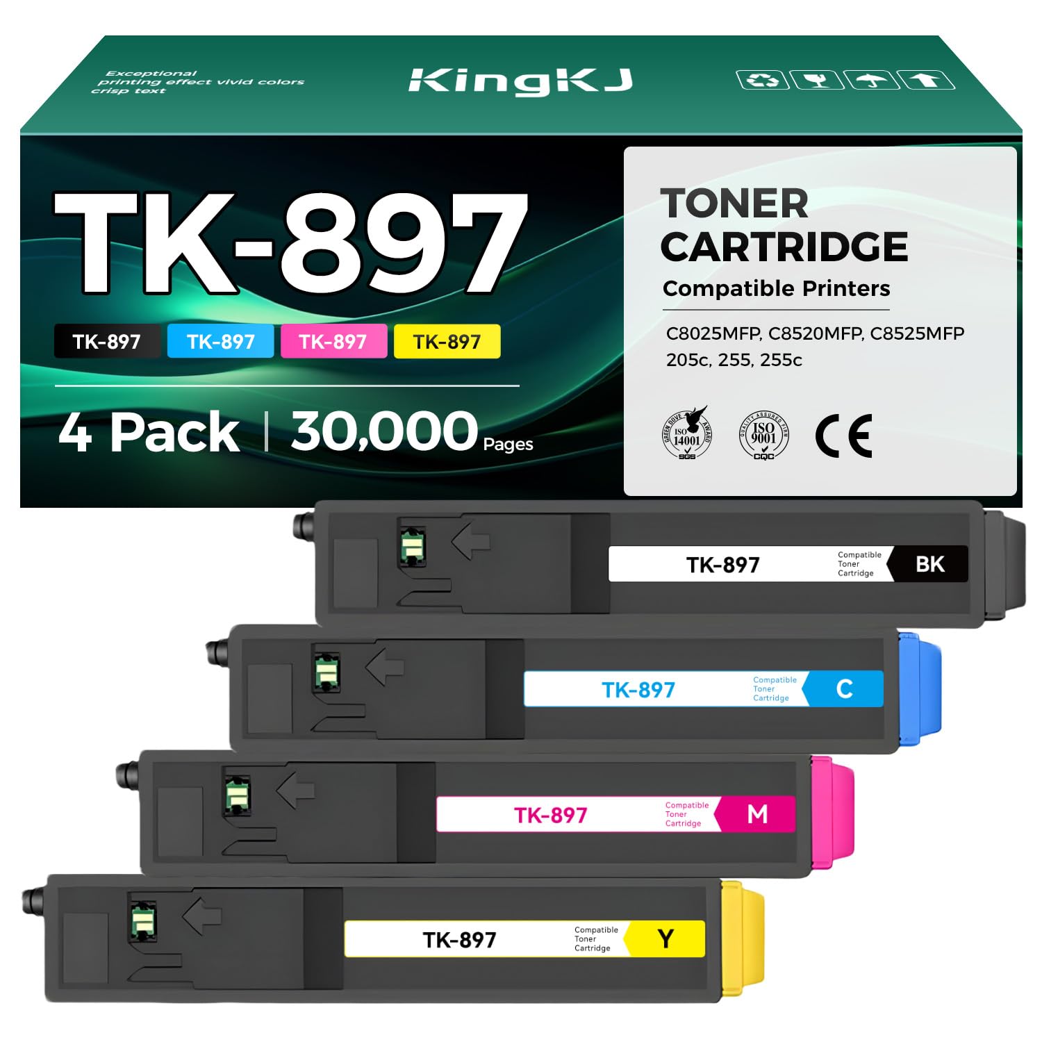 TK-897 TK897 Toner Cartridge Set 4-Pack Replacement Compatible with Kyocera FS-C8025MFP FS-C8520MFP FS-C8525MFP TASKalfa 205c 255 255c Printer Copy Ink 1T02K00US0 1T02K0AUS0 1T02K0BUS0 1T02K0CUS0 CMYK