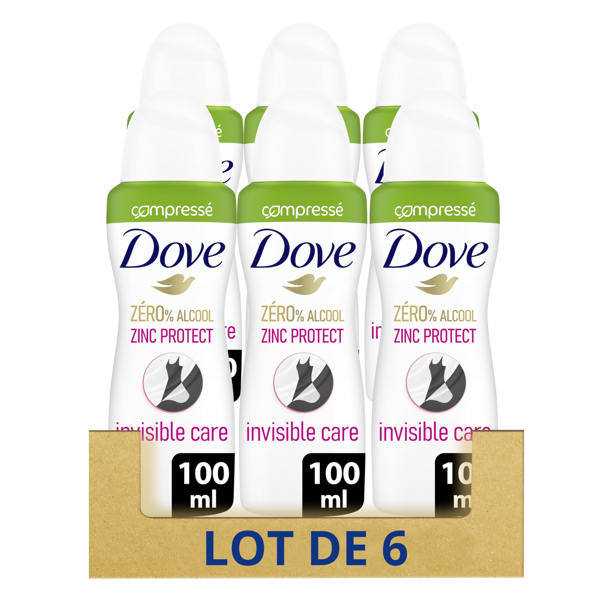 DOVE Dezodorant Spray Spray Zinc Protect 0% Alkohol - Niewidzialna pielęgnacja - Codzienna pielęgnacja pod pachami - 72 godzin ochrona przed zapachami - zestaw 6x100ml