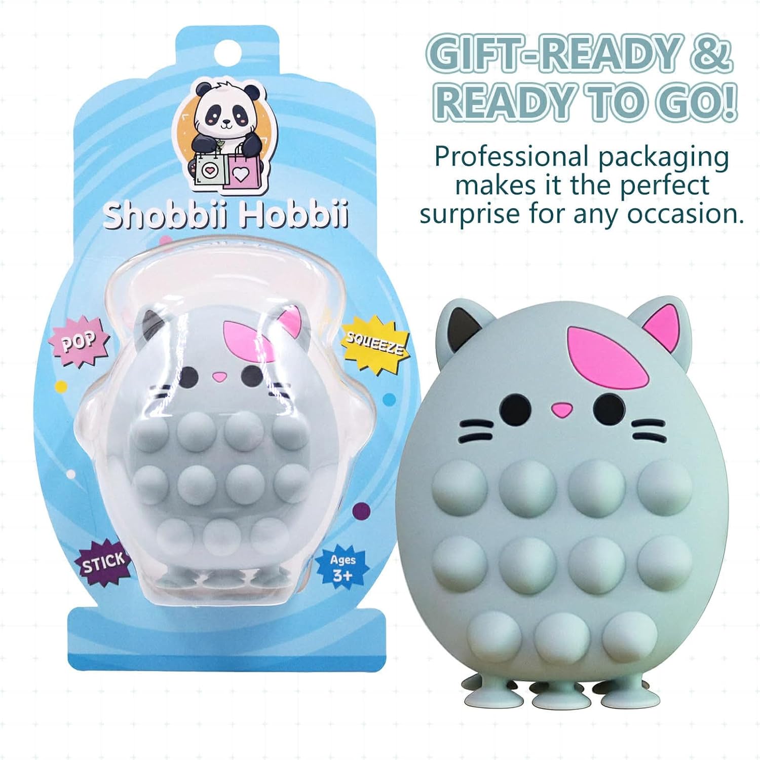 Gray Cat Squishy Fidget Toy, Pop Squeeze Sticky Sensory Toy, Ages 3+