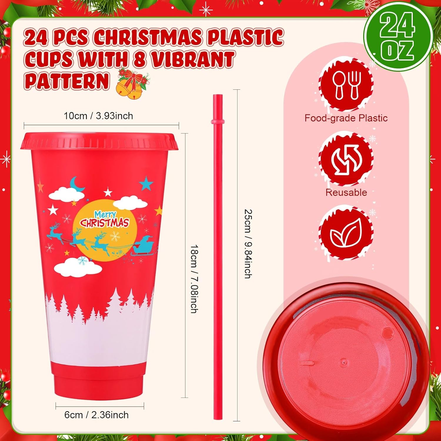 Skylety 24 Pcs Christmas Cups with Lids and Straws Bulk, 24 oz Reusable Plastic Christmas Tumblers Xmas Drinking Coffee Cups for Holiday Party Supplies and Home Office Gift - Image 3