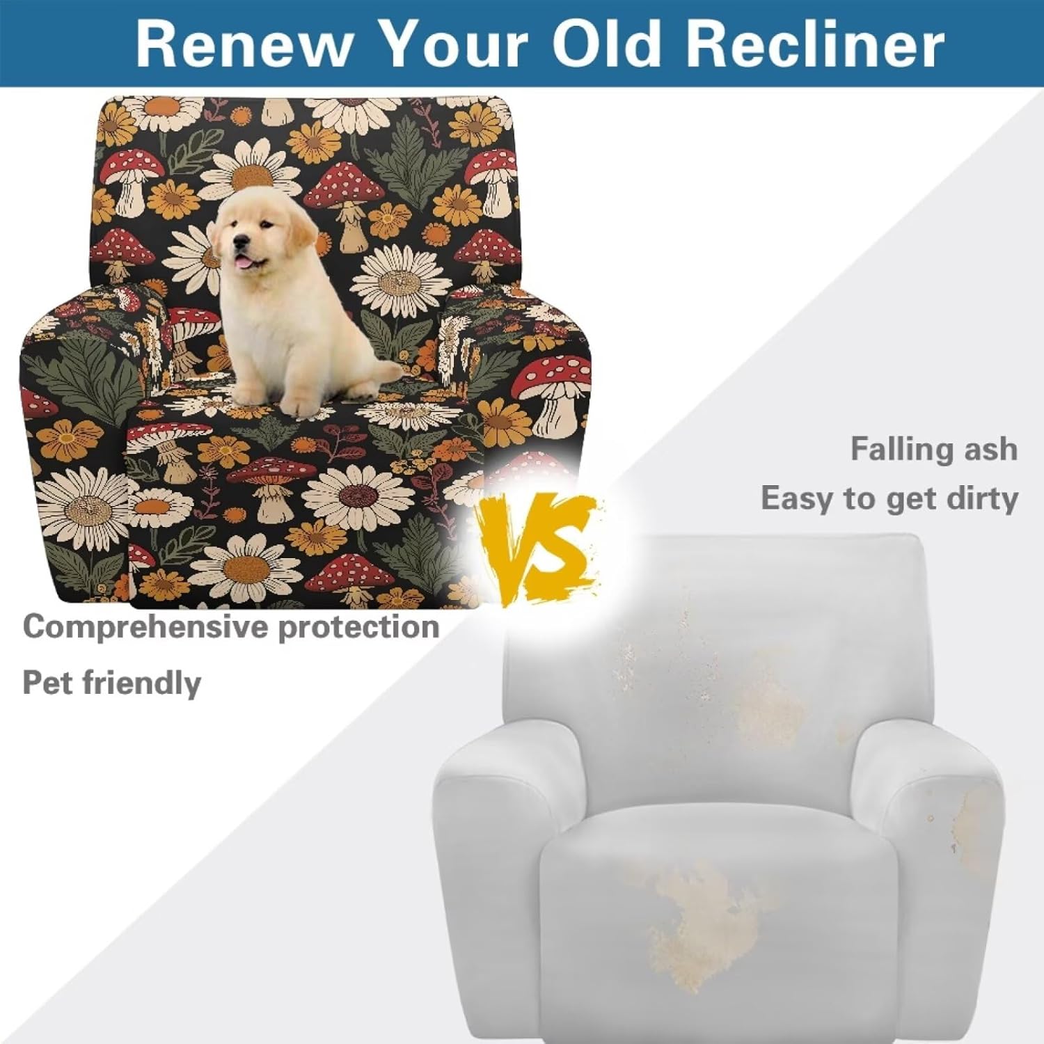 Daisy Floral Mushroom Print Reclining Chair Cover for Single Seat Recliner Chair Fitted Couch Covers for Lazyboy Lounge Chair 4 Pcs Armchair Protector Cover