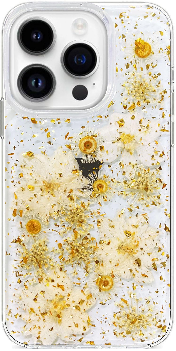 Abbery for iPhone 15 Pro Case Clear Sparkle White Yellow Pressed Flower Design Cute Glitter Soft TPU Real Dried Floral Aesthetic Protective Shockproof