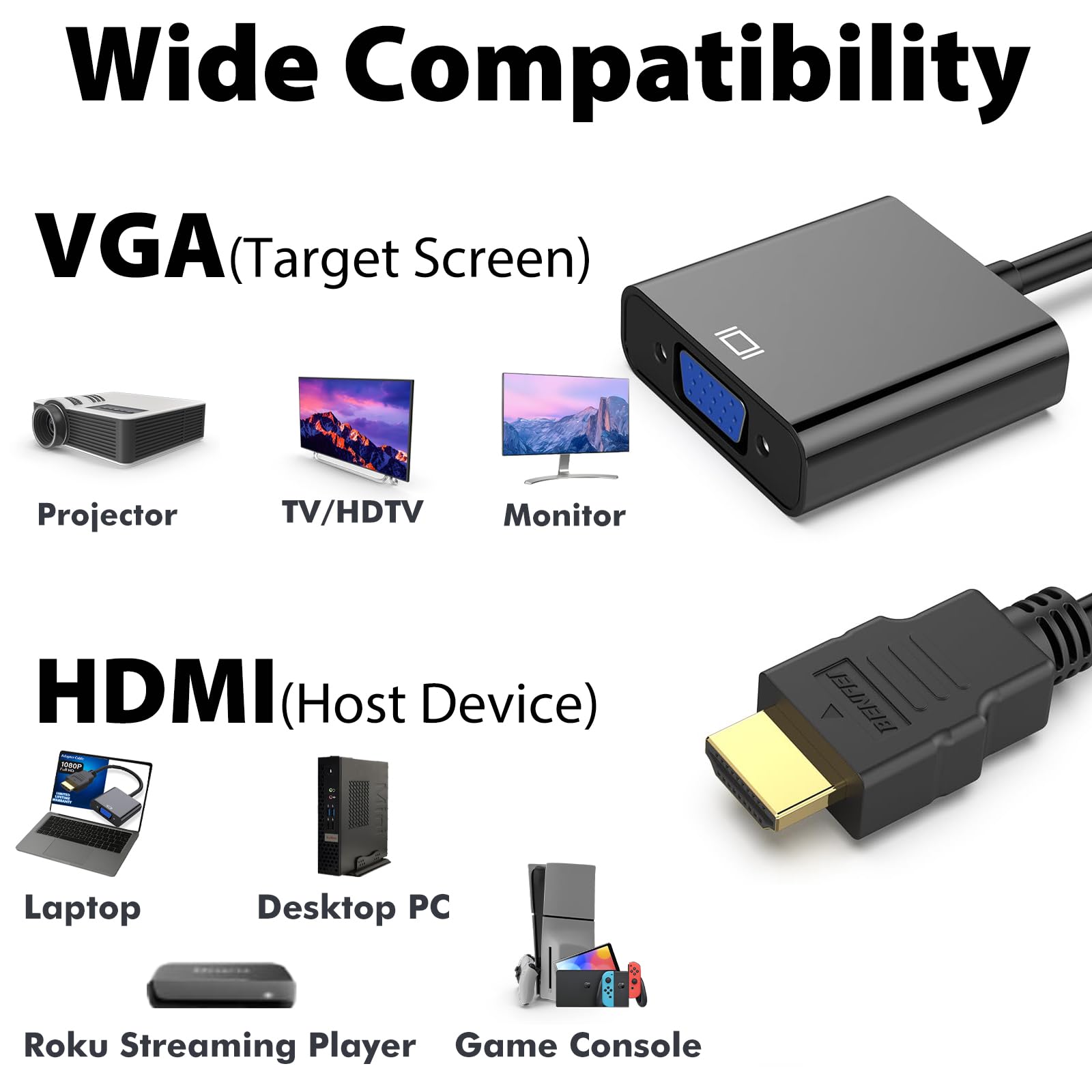 Cyberguys! VGA zu HDMI Adapterkabel - Unidirektional 1080P HDMI zu VGA Konverter für PC, Laptop, Xbox, Roku, TV Box - vergoldet, Plug & Play, Monitor kompatibel