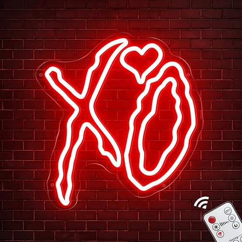 XO - Letrero de neón de corazón para pared, atenuador remoto rojo XO corazón luz LED para regalo de San Valentín, lámpara XO de corazón alimentada