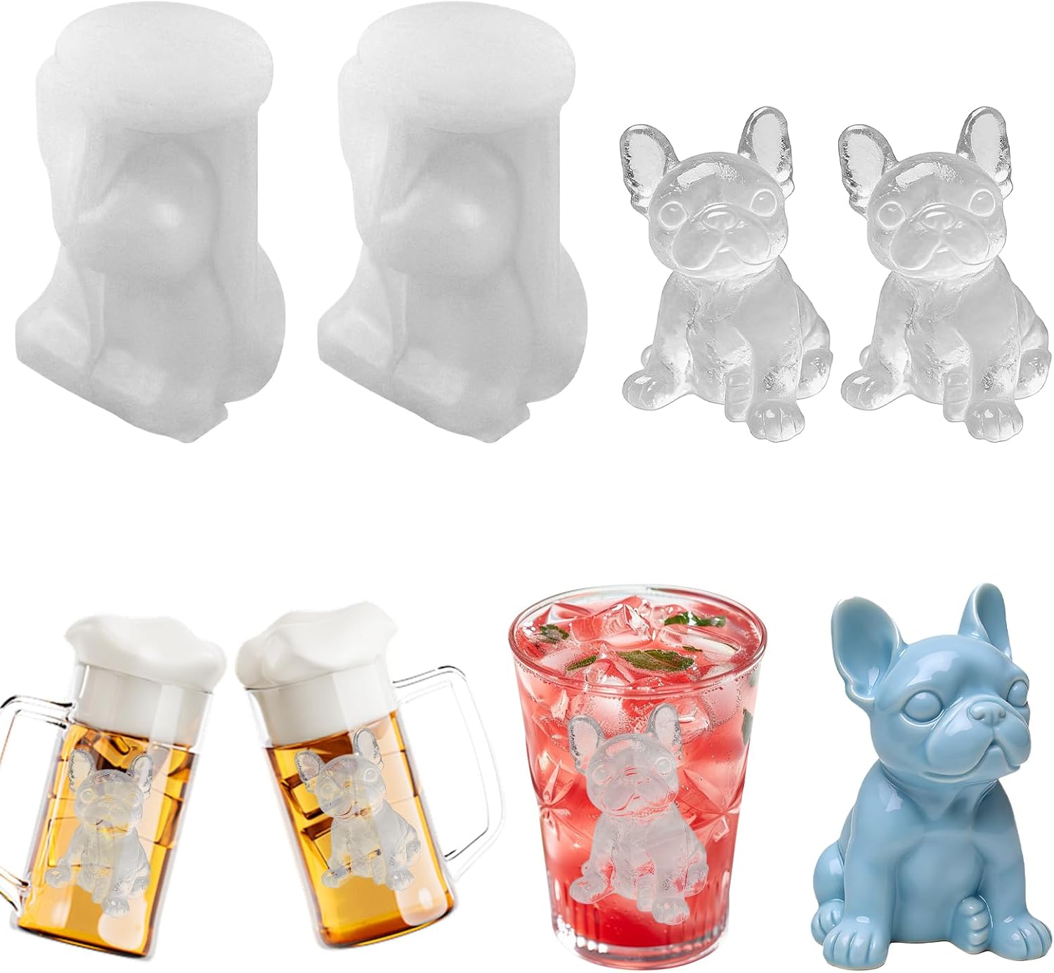 Morofme 2 Pcs French Bulldog Ice Cube Molds 3D Bulldog Shape Ice Cube Trays Fun Dog Animal Shape Mold Silicone Dog Shape Icecream Mold for Resin Craft Whiskey Cocktail Coffee Juice