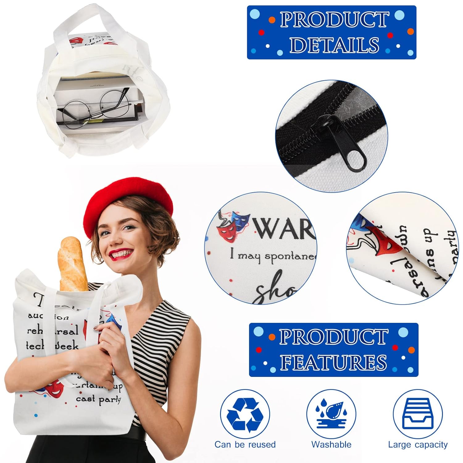 Sieral 2 Pieces Theater Gift Musical Theater Life Show Canvas Tote Bag Cosmetic Reusable Comedy Tragedy Mask Makeup Bag Pouch Drama Gift for Women Actress Teacher - Image 4