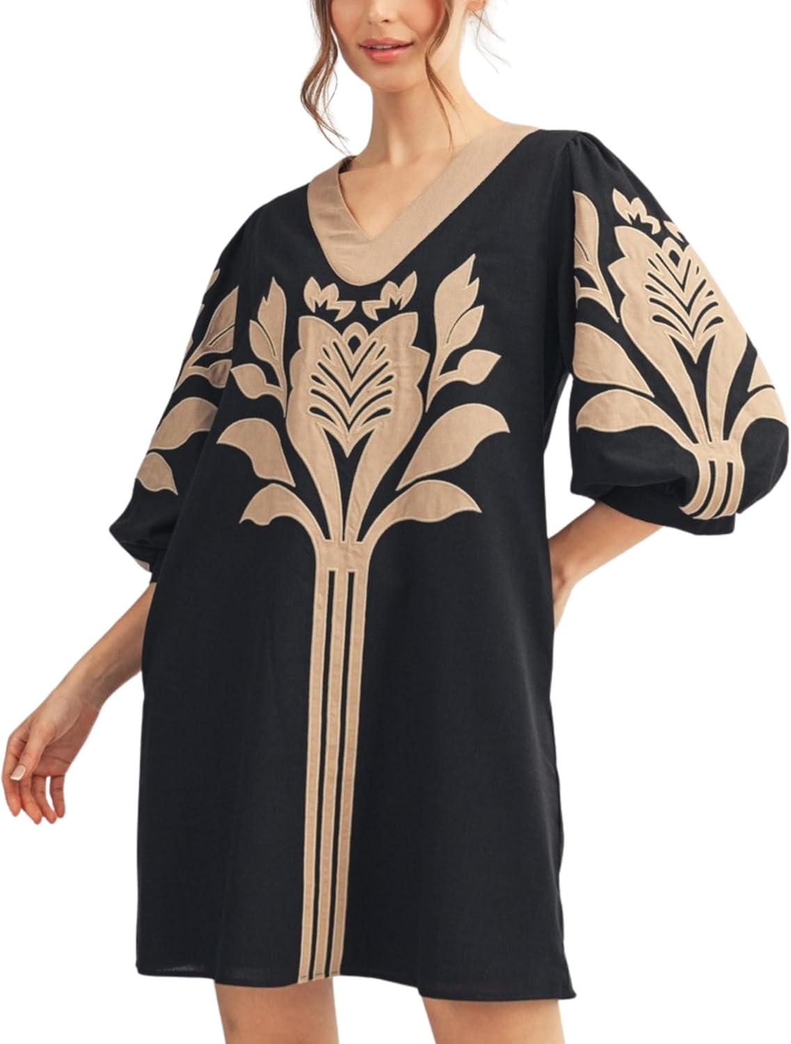 InterNos Women's Summer Applique Floral Mini Dress V Neck 3/4 Puff Sleeve Casual Shift Dress with Pockets