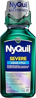 NyQuil SEVERE Cold and Flu Relief Liquid Medicine, Maximum Strength, 9-Symptom Nighttime Relief For Headache, Fever, Sore Throat, Nasal Congestion, Sinus Pressure, Runny Nose, Cough, 8 FL OZ